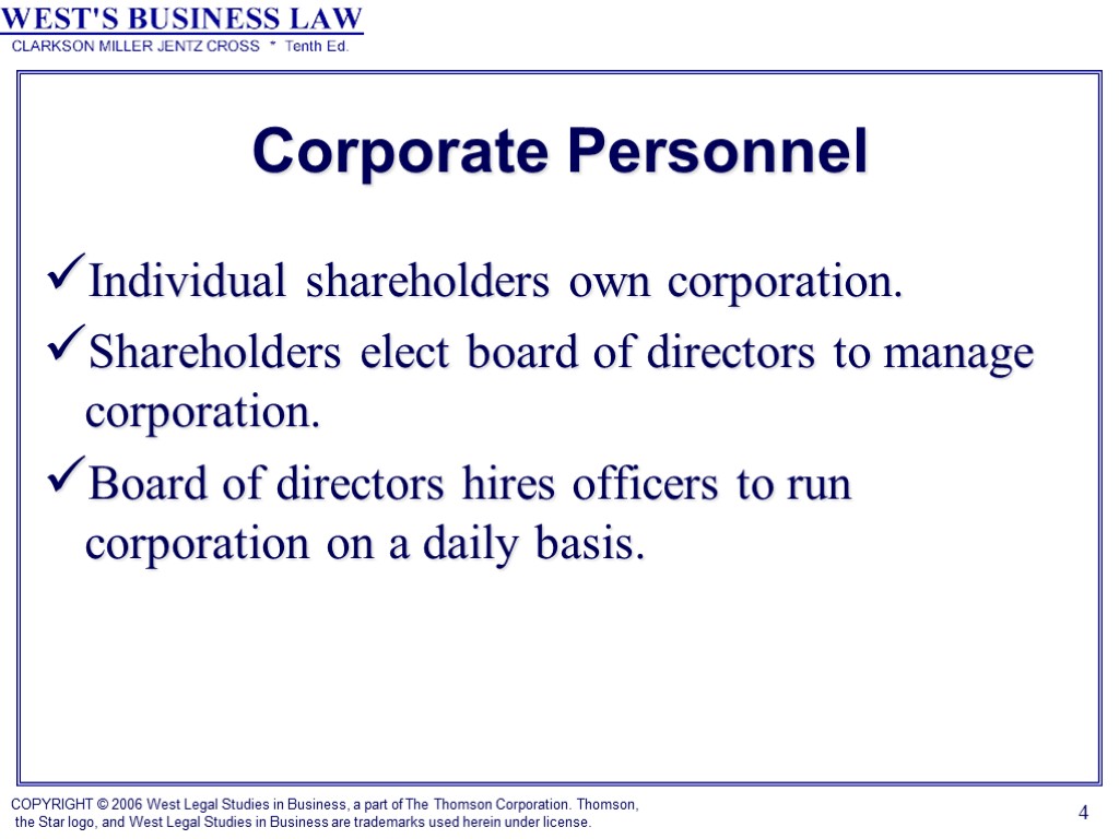 4 Corporate Personnel Individual shareholders own corporation. Shareholders elect board of directors to manage